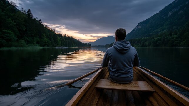 Man rowing boat on scenic lake at sunrise enjoying peaceful mountain view. Solitude lifestyle concept
