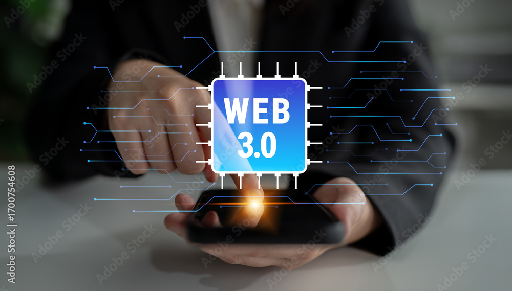 Aufkleber the hardware and processing technology behind web 3.0. a concept of the computer chip and circuit bo