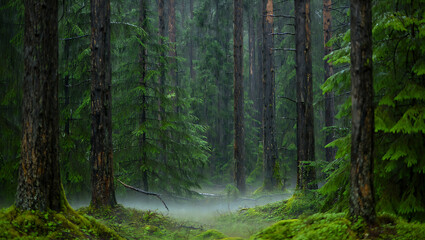 Obraz premium A dense, misty forest path shrouded in rain, with tall evergreen trees and mosscovered ground creating a serene and atmospheric scene