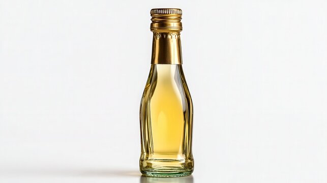 A clear glass bottle filled with a light yellow liquid, featuring a gold cap, This image can be utilized for product promotion, packaging designs, or articles related to beverages or culinary uses,