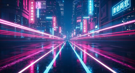 Fototapeta premium Cyberpunk City Street at Night: Neon Lights, Rain, and Speed - Futuristic Urban Landscape Stock Photo.