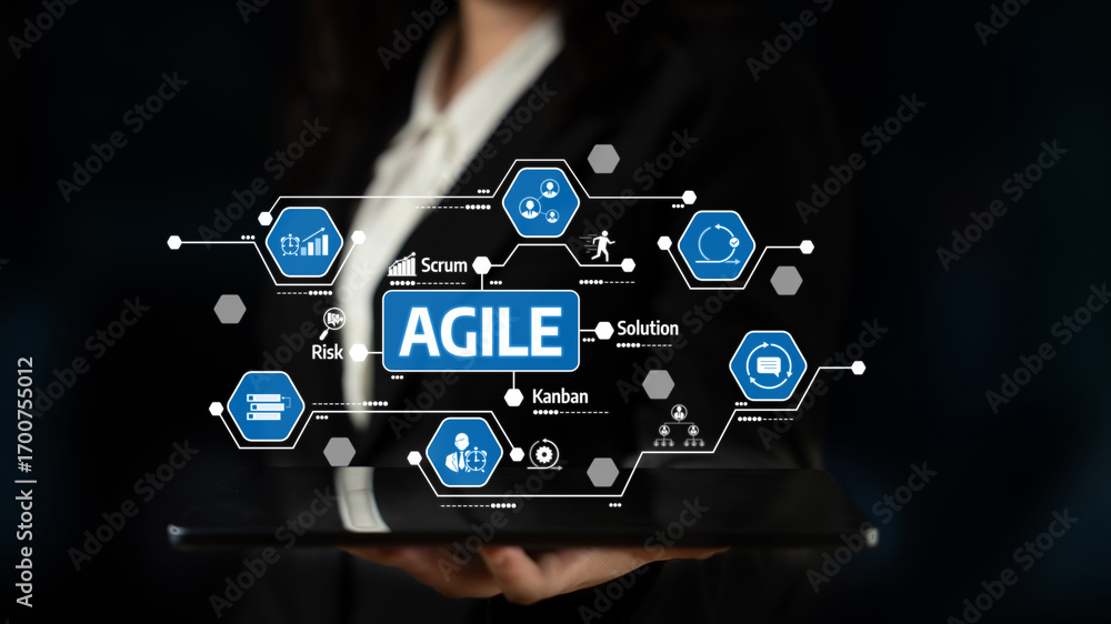 Poster a conceptual image showcasing agile methodology in digital transformation, featuring various icons r