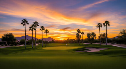 Golf course fairway at sunset with palm trees and dramatic sky
