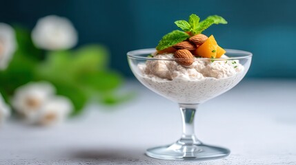 A refreshing dessert in a glass, featuring creamy layers topped with mango, almonds, and mint, Ideal for food blogs, cookbooks, and marketing healthy treats, Perfect for summer or festive occasions,
