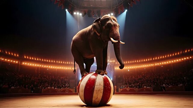 An elephant balances on a red and white striped ball in a circus arena, performing a trick.