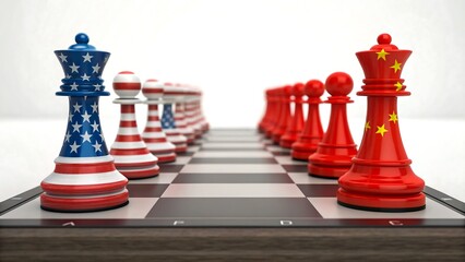 Chess pieces with usa and china flags facing each other on chessboard
