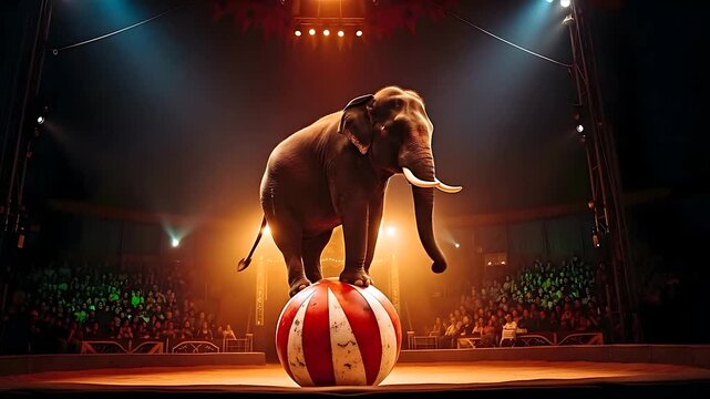 A majestic elephant with tusks balances on a large striped ball in a circus ring under dramatic spotlights, with an audience watching.