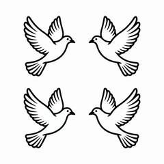 Fototapeta premium Four elegant dove vector illustrations symbolizing peace and freedom scalable icon set white background