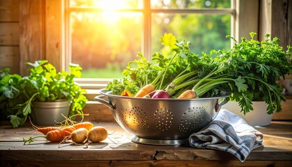 Vegetables freshly harvested from the garden in a colander on a rustic wooden kitchen counter with warm sunlight.