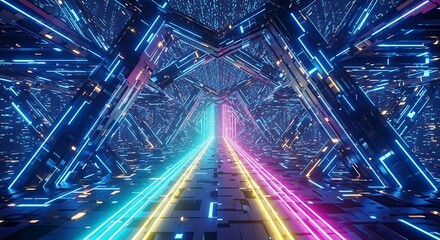 Futuristic Neon Tunnel: Abstract Sci-Fi Background with Vibrant Glowing Lines and Geometric Shapes.