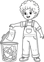 Smiling child recycling paper, eco-friendly behavior, environmental awareness, sustainability education, green lifestyle, waste management, cartoon illustration, kids recycling bin