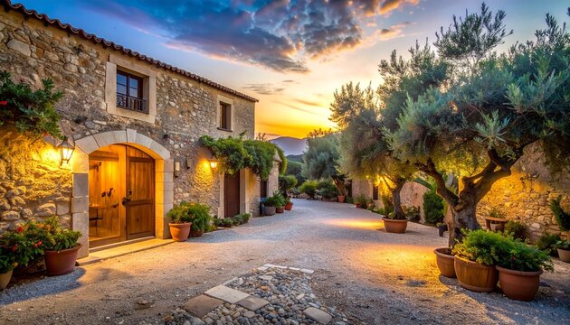 Villa with a charming stone courtyard and olive trees at sunset.