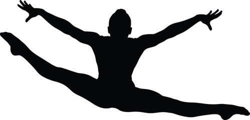 Silhouette of male athlete jump, split leap, dynamic pose, flexibility, ballet movement, white background, vector illustration, airborne, strength © Creative Art