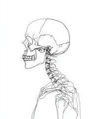 Detailed Anatomical Illustration of a Human Skull and Neck Bones Showcasing Side Profile View in a Scientific or Educational Context