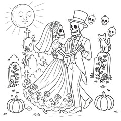 Dancing skeleton bride and groom celebrate eternal love amidst a whimsical graveyard with pumpkins and skulls