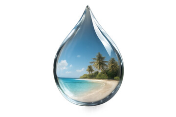 Obraz premium Transparent water drop containing tropical island paradise with palm trees