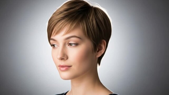 Short, light brown pixie haircut  Neutral background