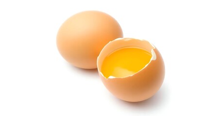 A whole egg and a cracked egg with the yolk visible on a white background in bright light