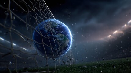 Hyperrealistic closeup of Earth striking soccer goal net with dramatic motion and detail