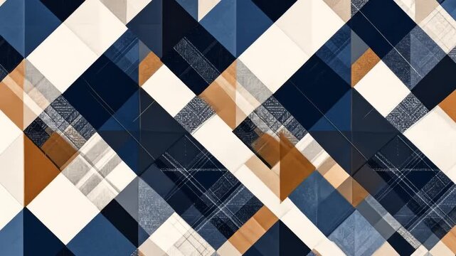 Abstract geometric pattern with overlapping shapes in navy blue, beige, and white