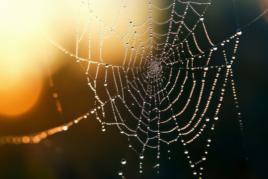 Spider web is covered in dew drops, creating a beautiful and serene atmosphere - Powered by Adobe