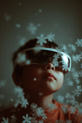 child gazes curiously through ar glasses mesmerized by digital snowflakes drifting in cozy room