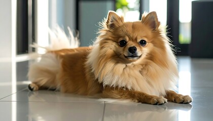 Fluffy, small dog with long fur, indoors, basking in light, looking directly at the viewer, on a tiled floor
