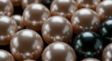 Pink and black shiny pearls scattered on a dark surface, symbolizing elegance, luxury, and jewelry design elements
