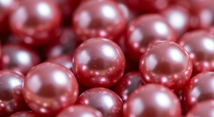 Close up of red pearl beads. Shiny decorative balls background. Jewelry accessory and craft supply for holiday decor.