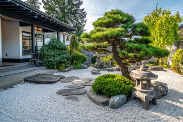 Serene Japanese garden with bonsai tree and traditional lantern in a peaceful outdoor space during daylight