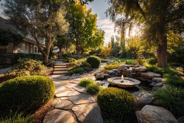 Beautiful garden pathway with a serene water feature during golden hour