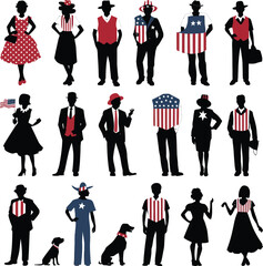 Vector art of vintage american silhouettes featuring people in patriotic clothing and accessories celebrating the united states of america