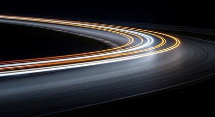 Night Race Track Lights Trails, Speed and Motion Blur Abstract Background.
