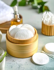Wooden container holds cotton pads, with other beauty supplies