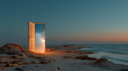 Door to the Universe A Surreal Landscape with a Doorway to the Cosmos AI Generated