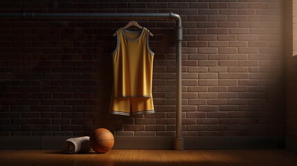 Hyperrealistic basketball kit mockup with blank jersey and shorts hanging on industrial gym wall