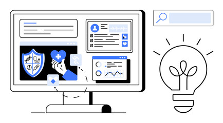 Interactive computer screen showcasing medical interface, healthcare tools, statistics, and user profile. Includes search bar and lightbulb icon. Ideal for health, technology, data, research