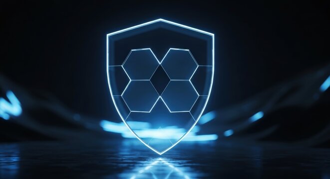 Digital security shield icon with glowing blue lines on a dark, reflective background, representing data protection and cyber defense.