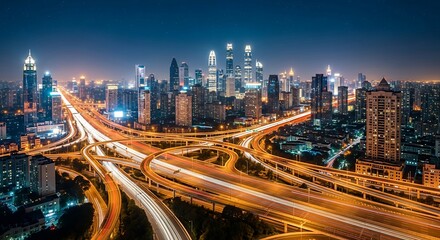 Fototapeta premium Stunning Night View of Shanghai Skyline with Illuminated Highway Interchange.