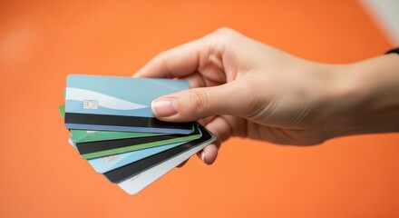 Hand holding a collection of credit cards on bright orange background for financial concepts