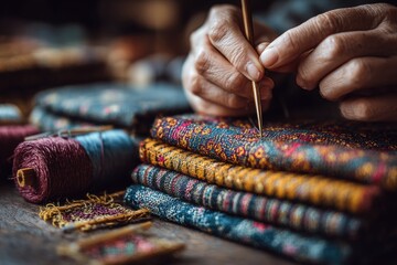 Skilled artisan stitches intricate patterns on colorful textiles in a vibrant workshop filled with threads and fabrics