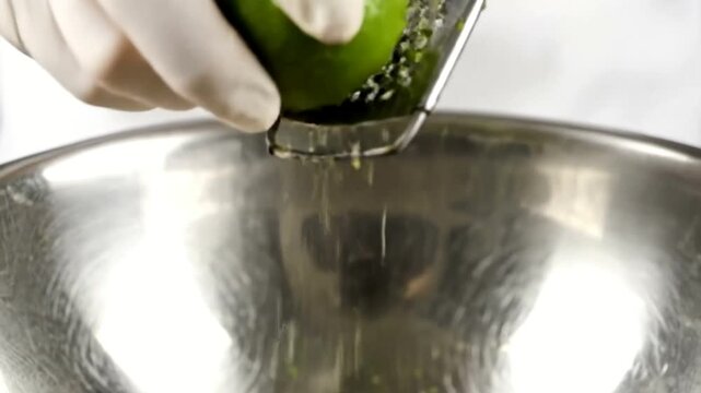 A gloved hand zesting a fresh green lime over a stainless steel mixing bowl in a professional kitchen.