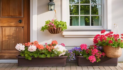 Naklejka premium summer floral decoration at a house entrance with geraniums in planters a window box and a hanging basket