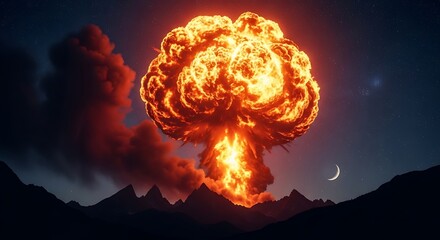 Dramatic scene of immense fiery mushroom cloud over dark mountain landscape at dusk