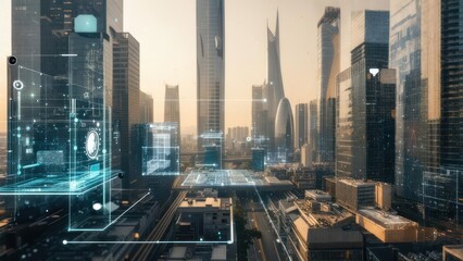 City skyline with digital overlay and futuristic elements