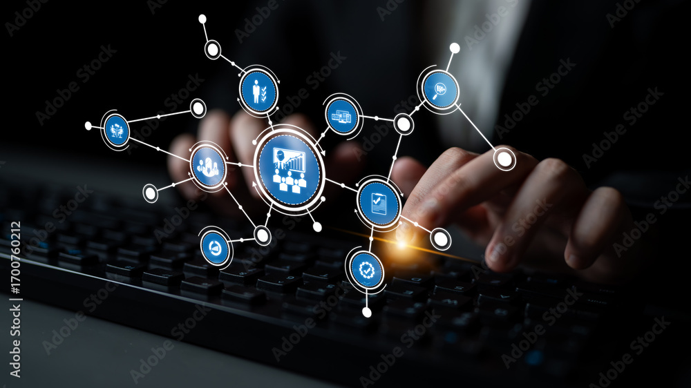 Poster a close-up view of a hand typing on a keyboard, surrounded by abstract digital elements and icons, r