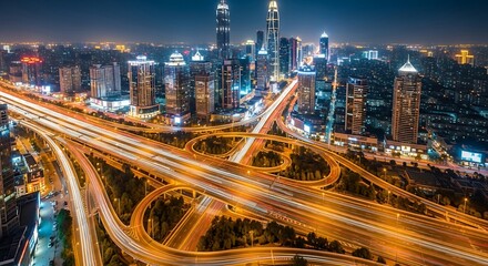 Obraz premium Stunning Night View of City Skyline with Illuminated Highway Interchange and Traffic Light Trails.