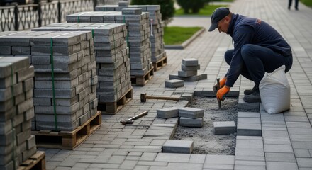 Skilled worker laying pavement tiles for urban landscape development