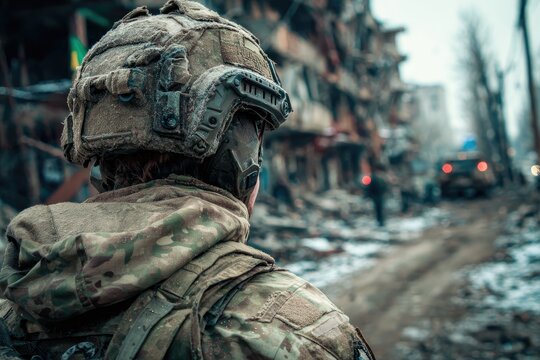 Soldier surveys rubble-strewn street in war-torn city during overcast afternoon