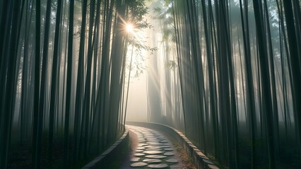 A serene bamboo forest pathway with mist and sunlight, evoking peace and mystery.